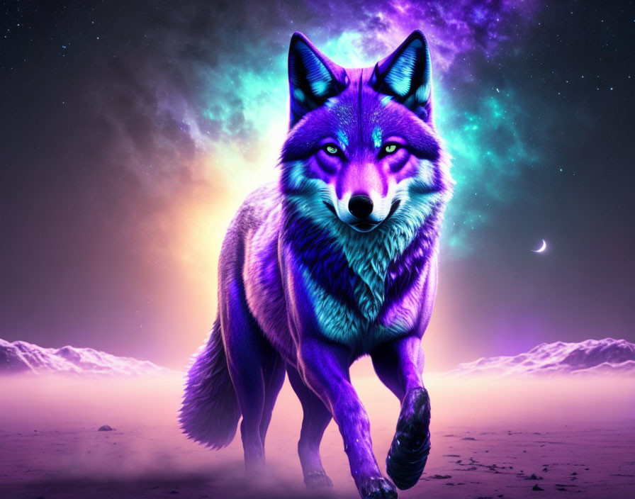 Vivid Purple and Blue Wolf with Glowing Eyes on Cosmic Background