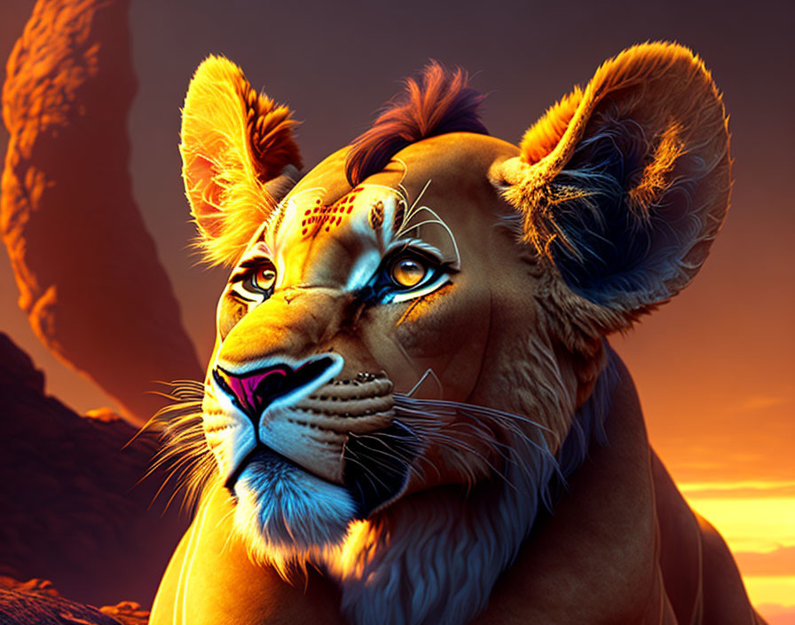 Digital Art: Lioness with Human-Like Eyes in Savannah Sunset