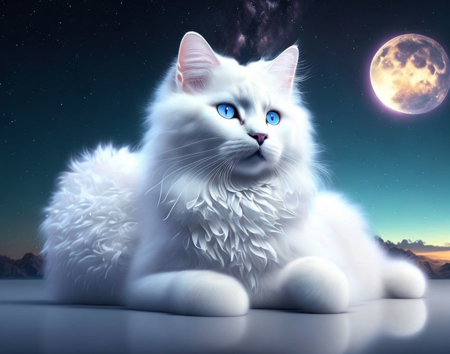 White Cat with Blue Eyes Resting Under Full Moon and Mountains