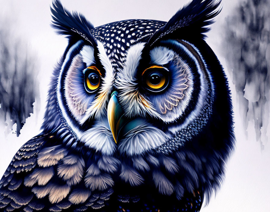 Detailed digital painting of owl with yellow eyes and intricate feathers