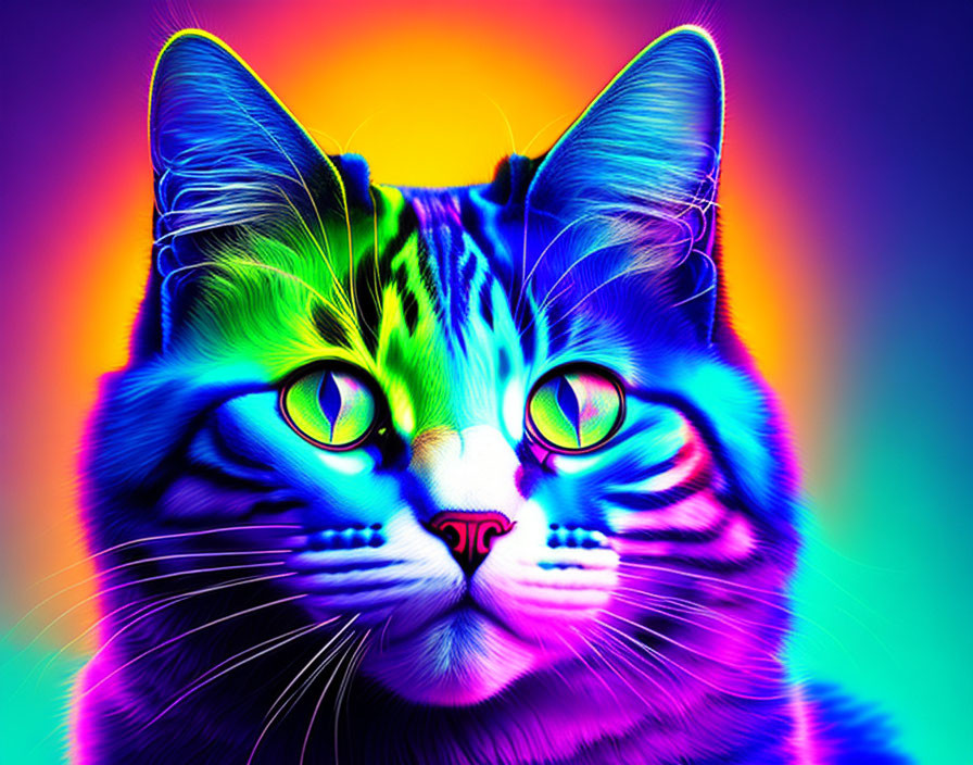 Vibrant digitally altered cat with neon rainbow colors and luminous green eyes