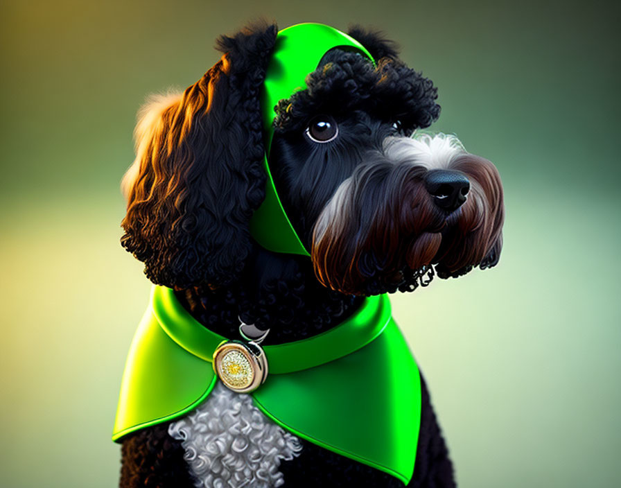 Stylized black poodle with glossy coat, green collar, and golden pendant