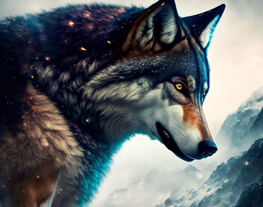 Mystical Wolf with Star-Filled Fur in Snowy Mountain Landscape