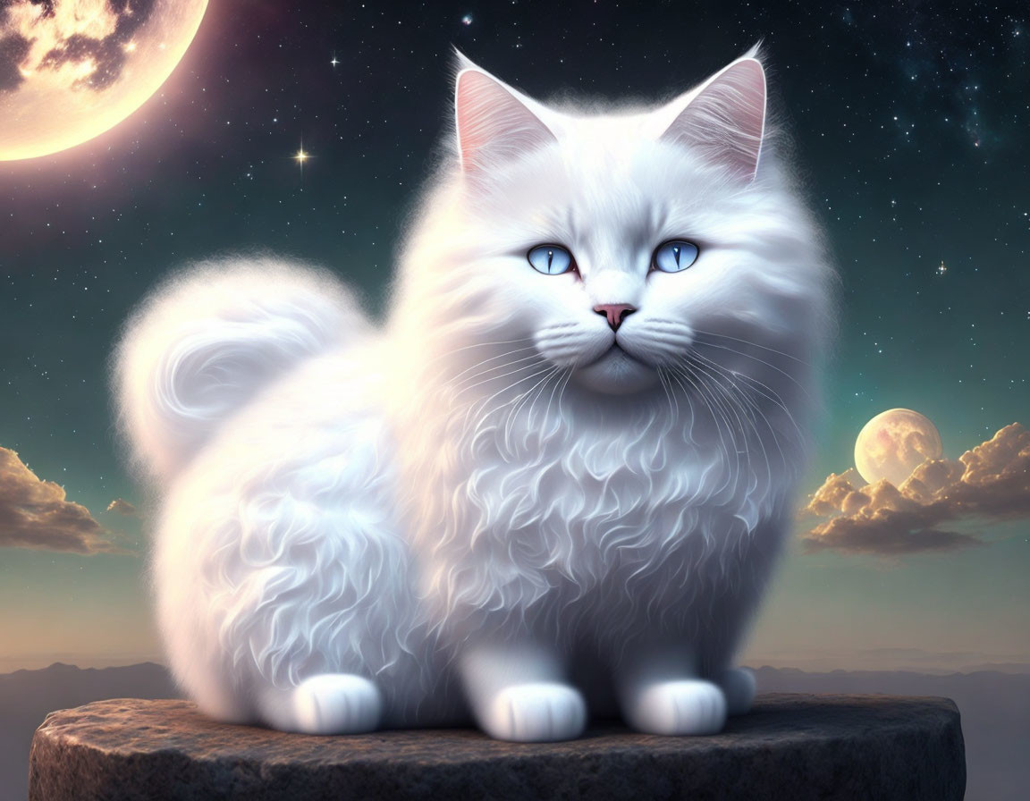 Fluffy white cat with blue eyes on stone under crescent moon