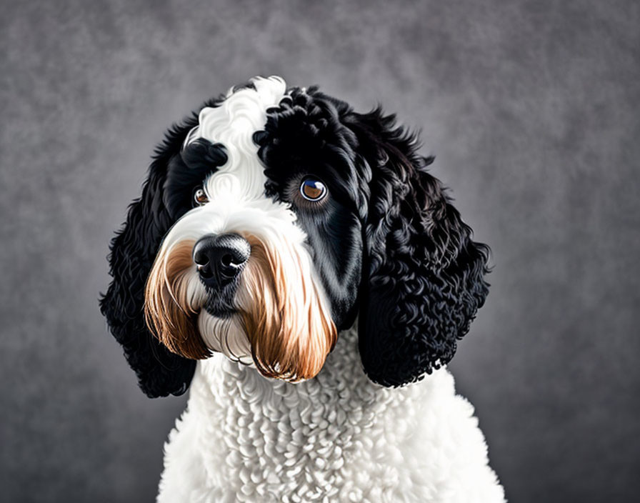 Black and White Cocker Spaniel with Brown Over Eyes on Grey Background