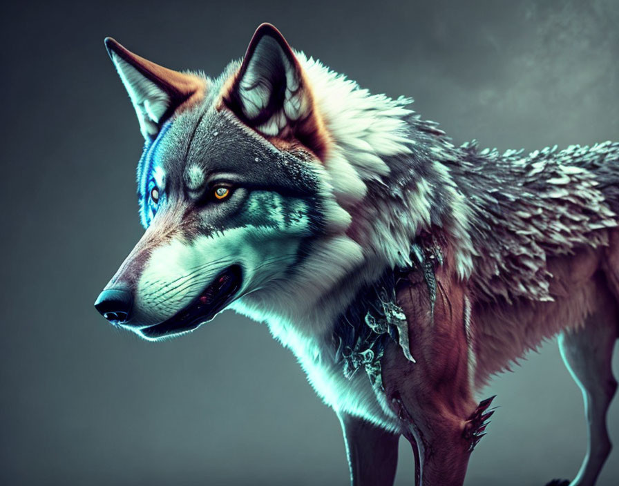 Stylized wolf with vibrant blue eyes and cybernetic elements.