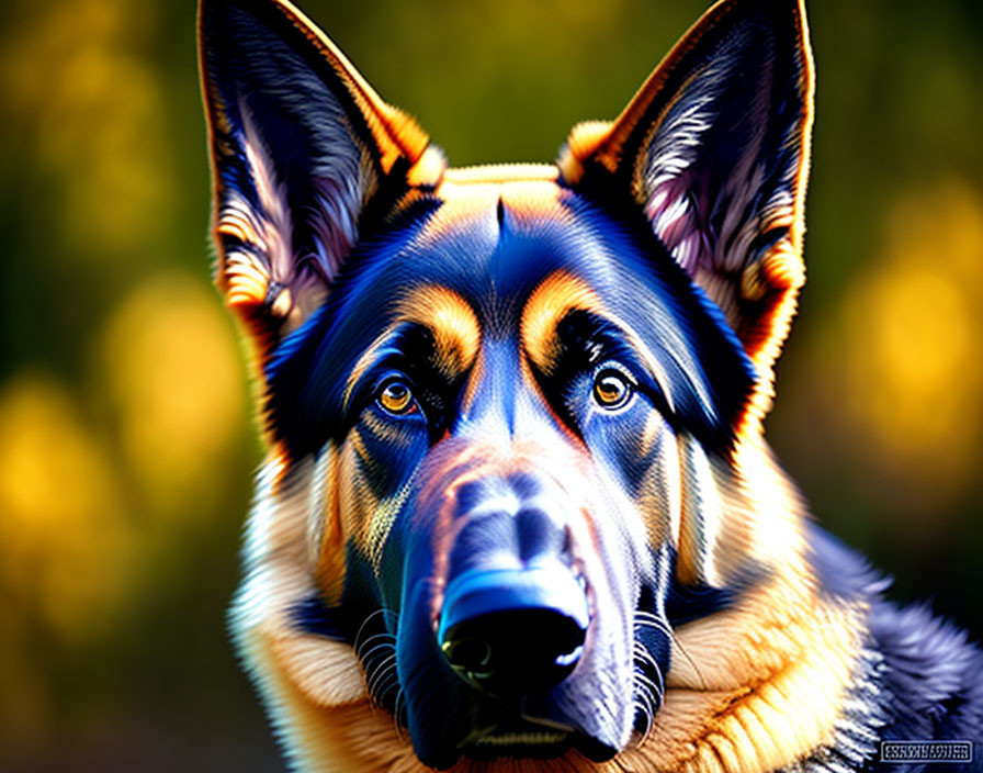 German Shepherd with focused gaze against warm blurred background