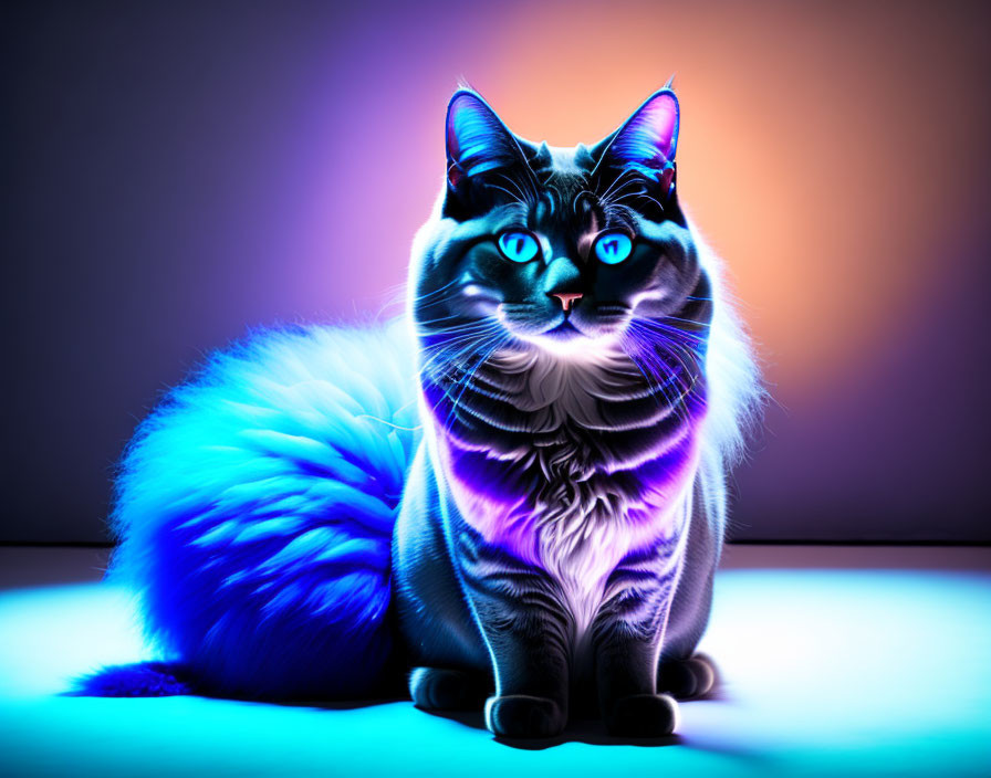 Colorful Digital Artwork: Cat with Blue Eyes and Vibrant Fur