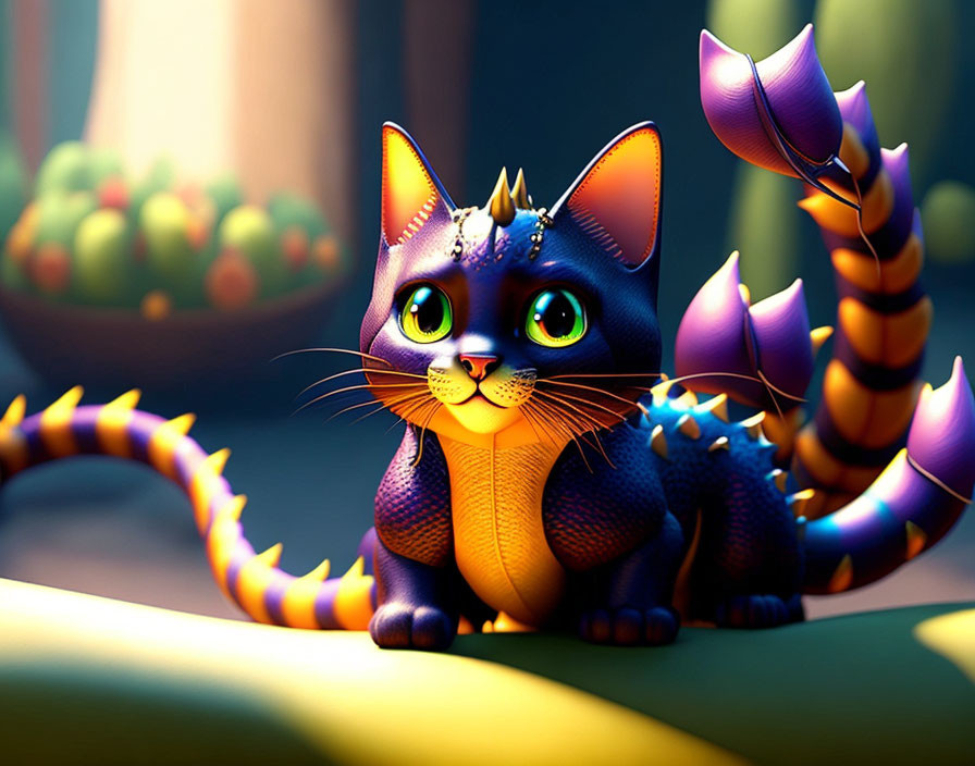 Colorful 3D-animated cat with green eyes in sunlit setting