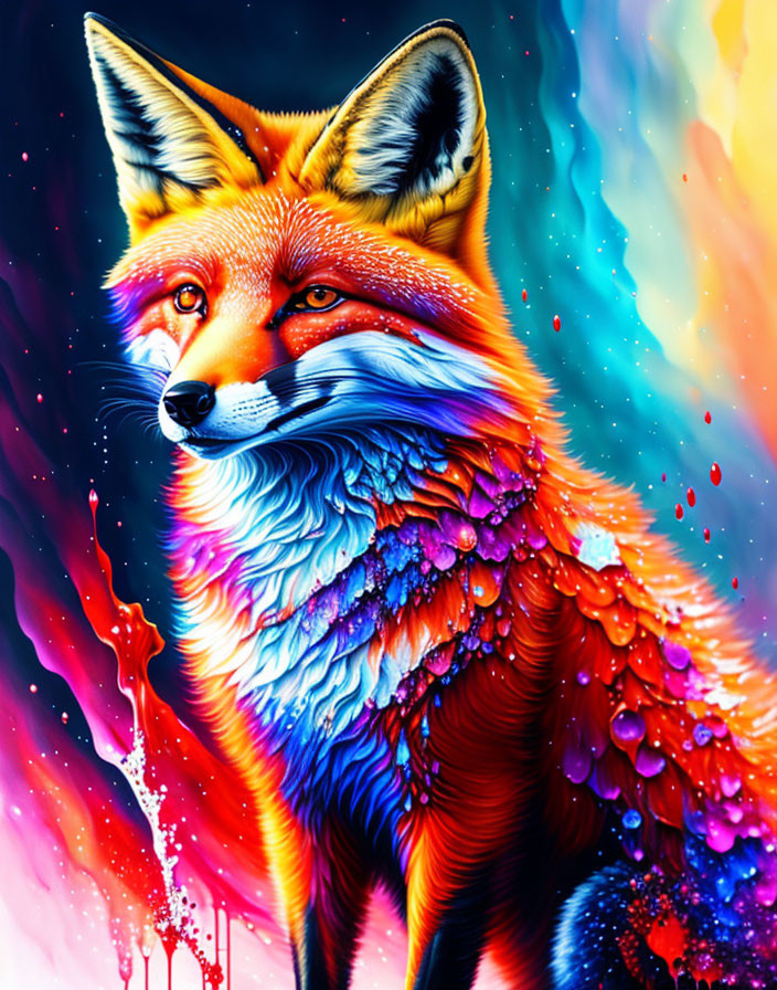 Colorful Fox Artwork with Cosmic Background and Dynamic Splashes