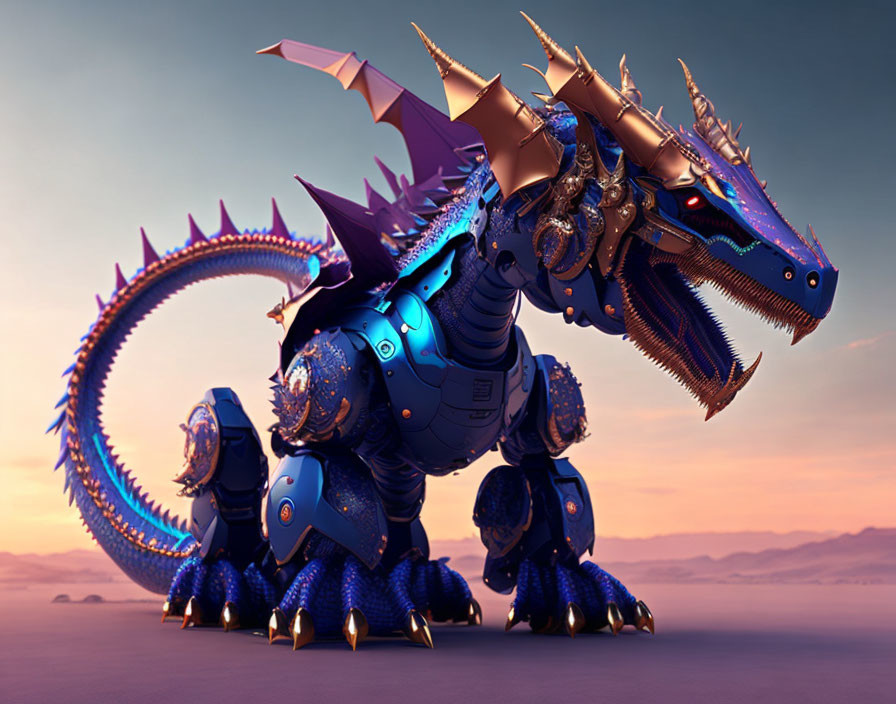 Mechanical Dragon with Blue and Purple Hues Against Dusky Sky