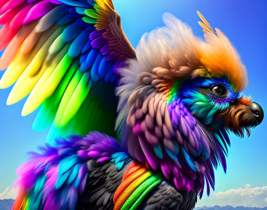 Colorful creature with dog head & bird feathers on blue sky