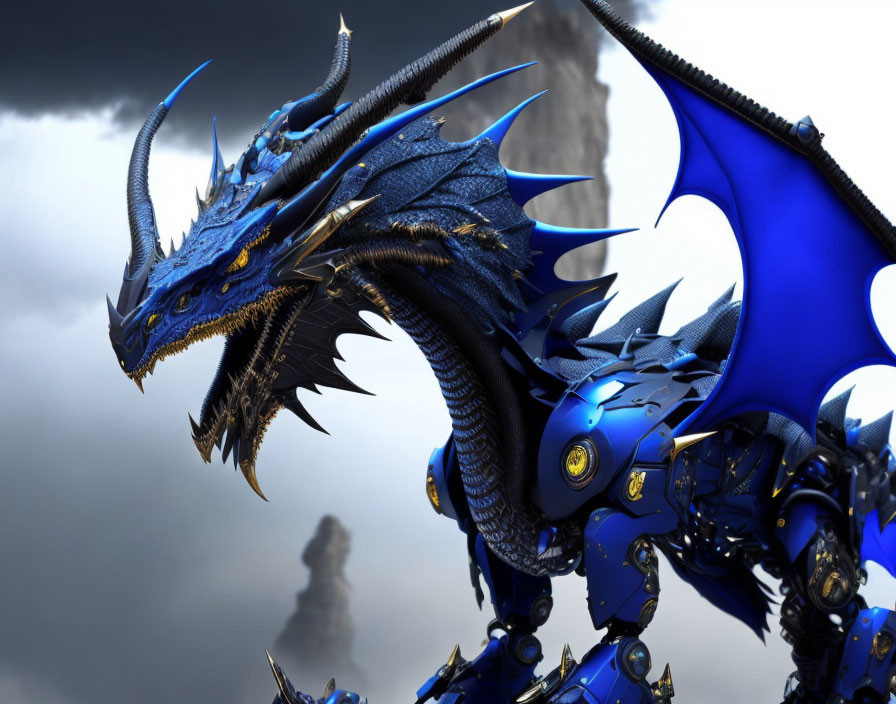 Mechanical dragon with blue and black armor in stormy sky