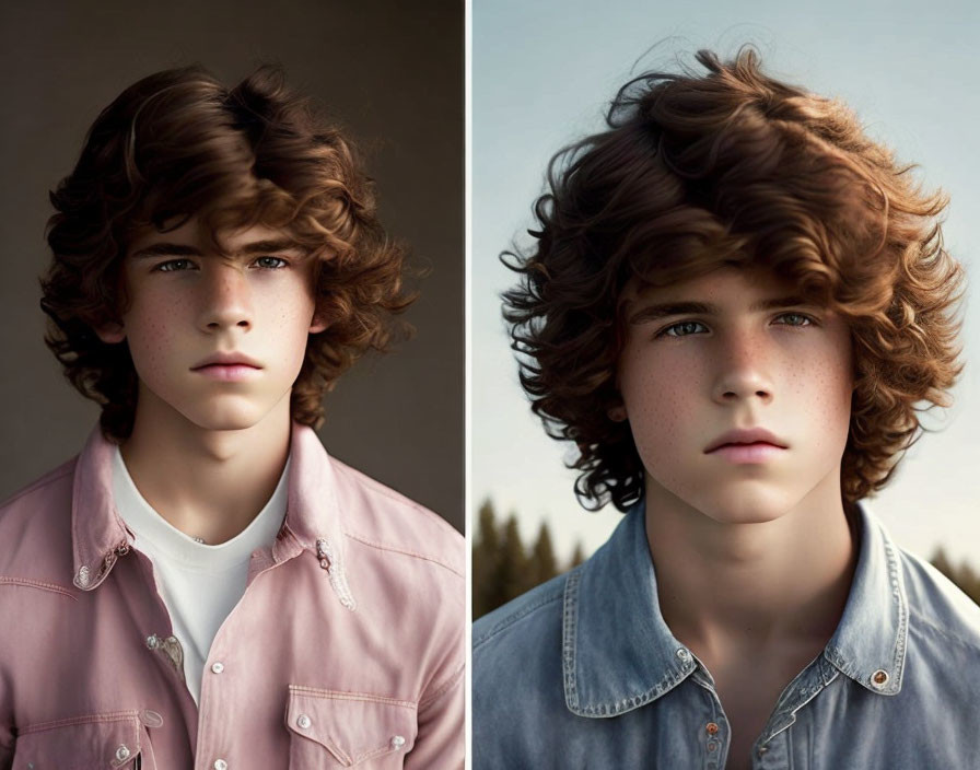 Diptych Portrait of Young Person with Curly Brown Hair and Blue Eyes