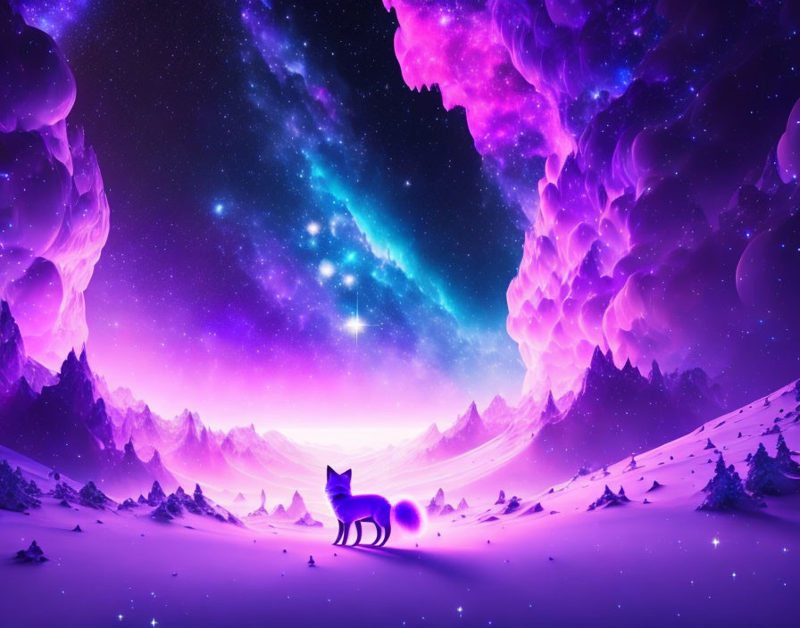 Mystical wolf in snowy landscape with purple crystals at night