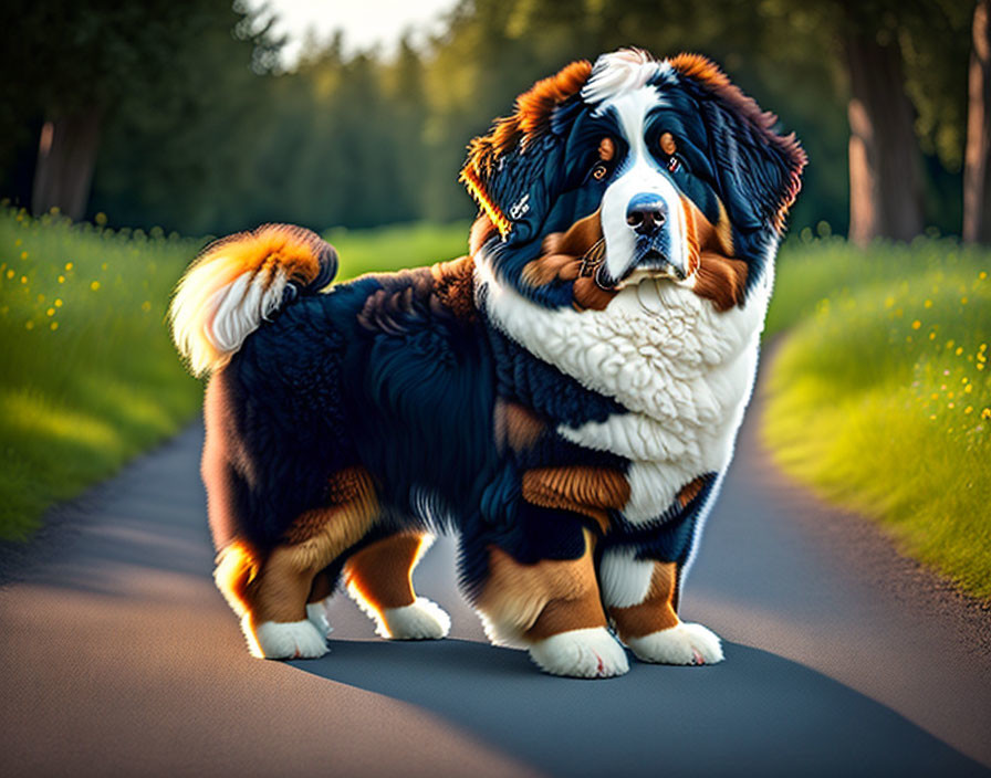 Fluffy Bernese Mountain Dog in sunlit nature scene