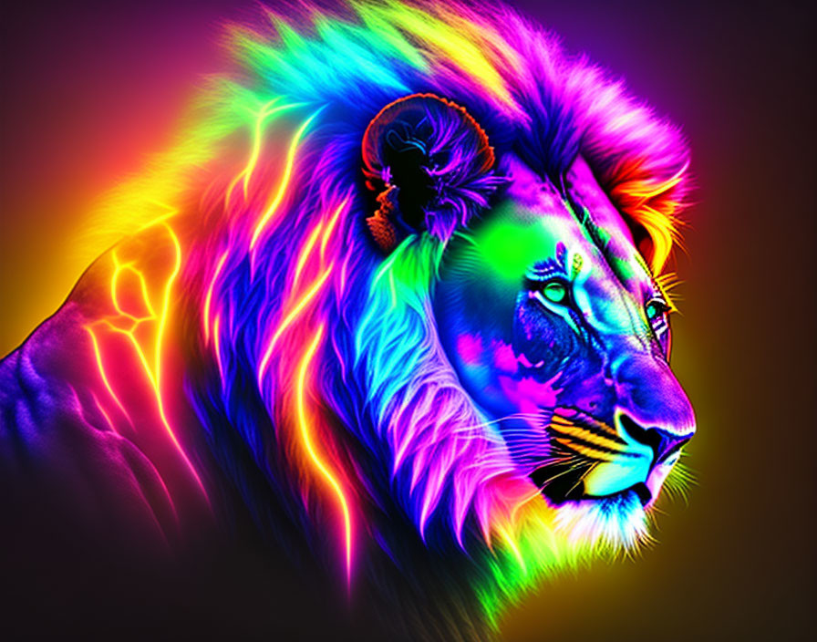 Colorful Lion Profile Artwork with Neon Rainbow Mane