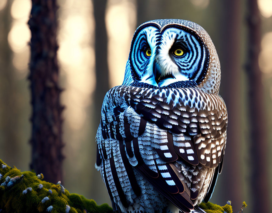 Colorful owl with blue and white feathers on mossy branch in forest