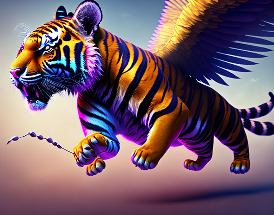 Colorful illustration: Tiger-bodied creature with bird wings leaping in vibrant setting