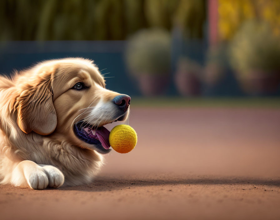 Golden retriever with tennis ball lying on court