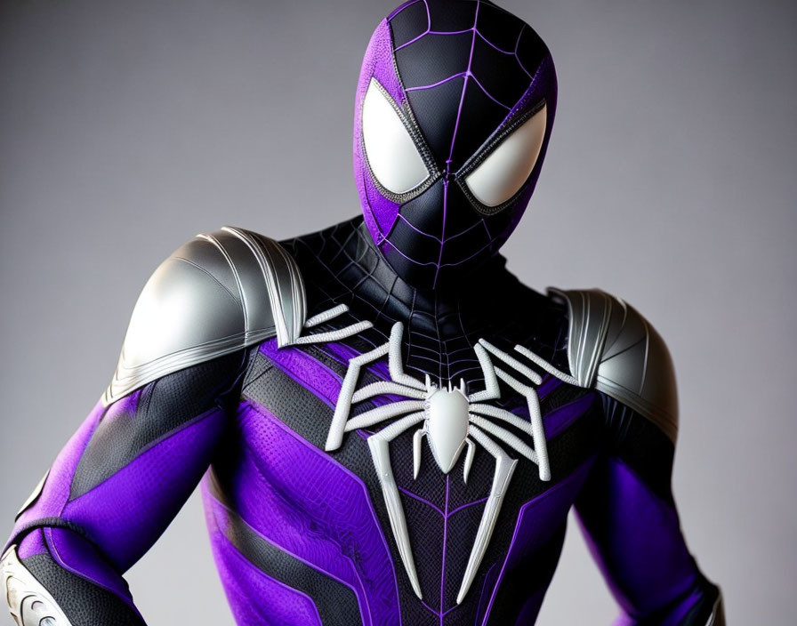 Detailed Spider-Man costume in black, silver, and purple design on grey background