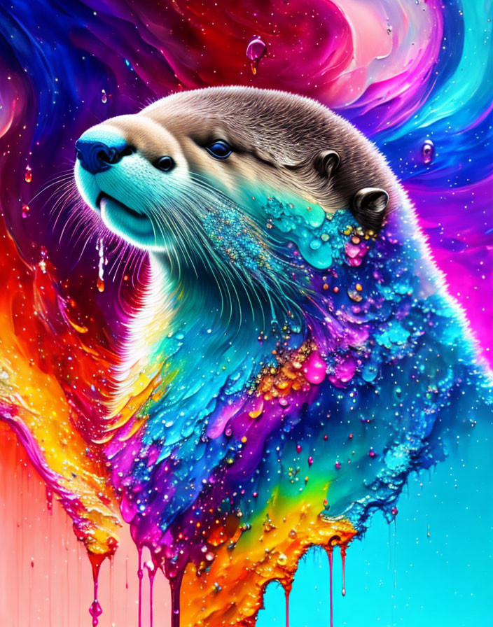 Colorful Otter Head Emerging from Swirling Paint in Teal and Magenta