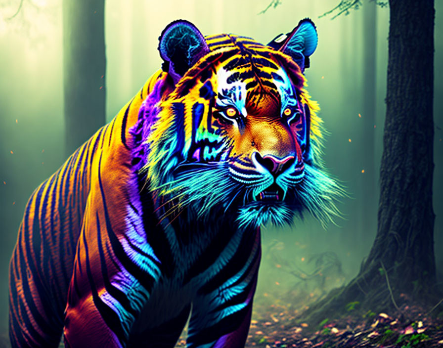 Colorful Tiger in Mystical Forest with Neon Hues