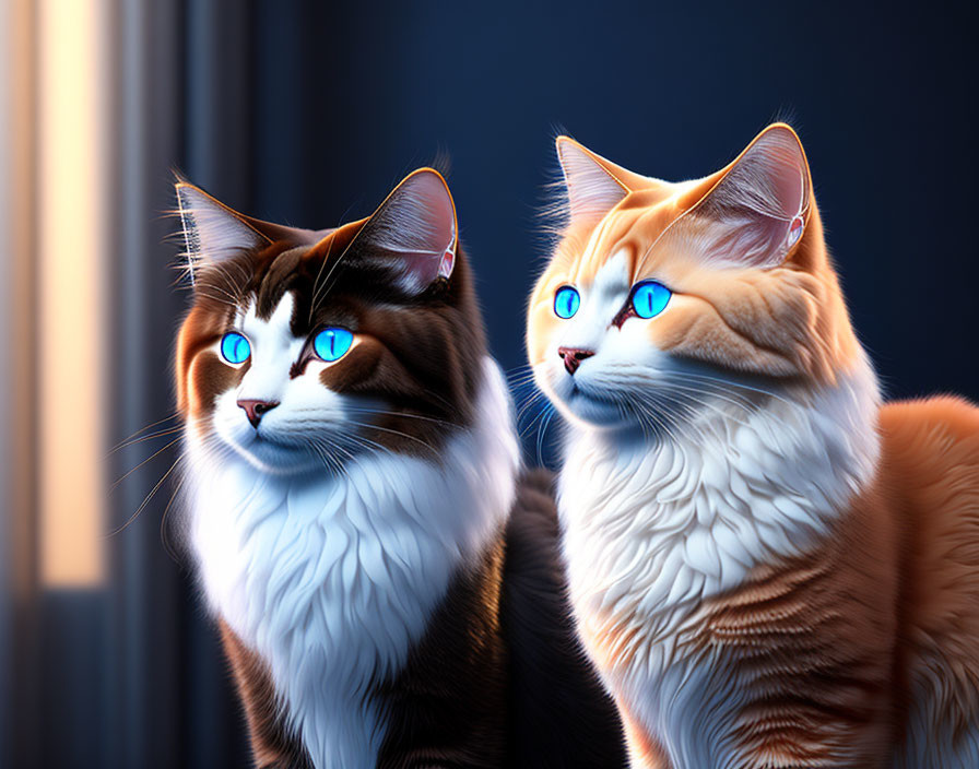 Digitally-rendered cats with blue eyes by curtain-draped window