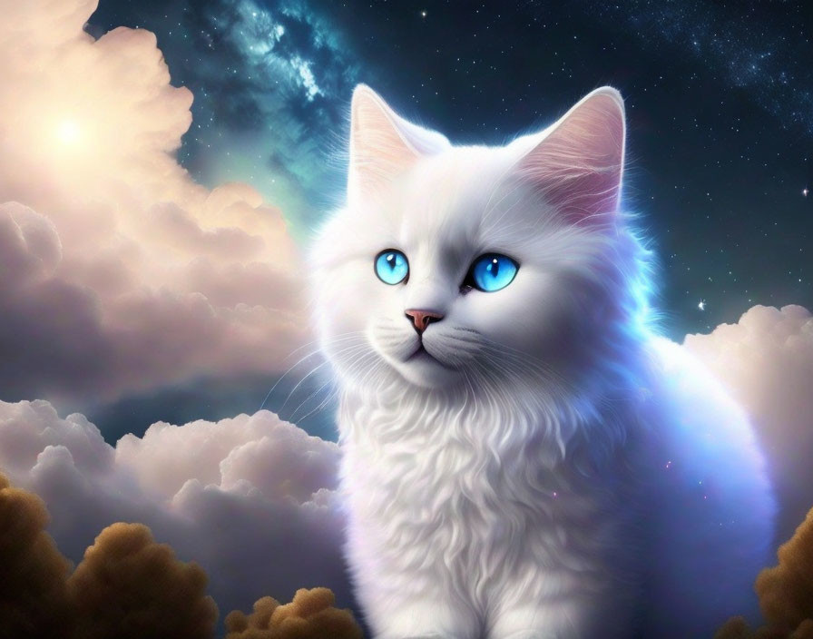 White Fluffy Cat with Blue Eyes in Cloudy Starry Sky