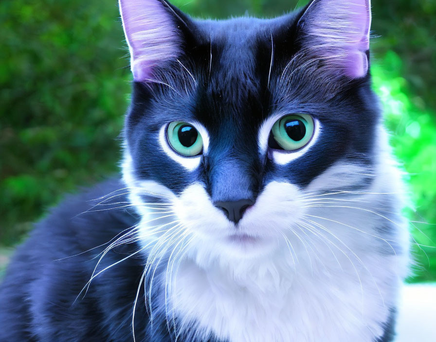 Black and White Cat with Green Eyes and Fluffy Fur on Green Background