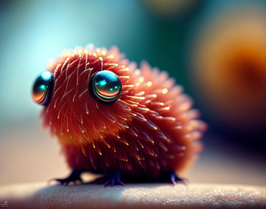 Fluffy Orange Creature with Turquoise Eyes on Soft-focus Background