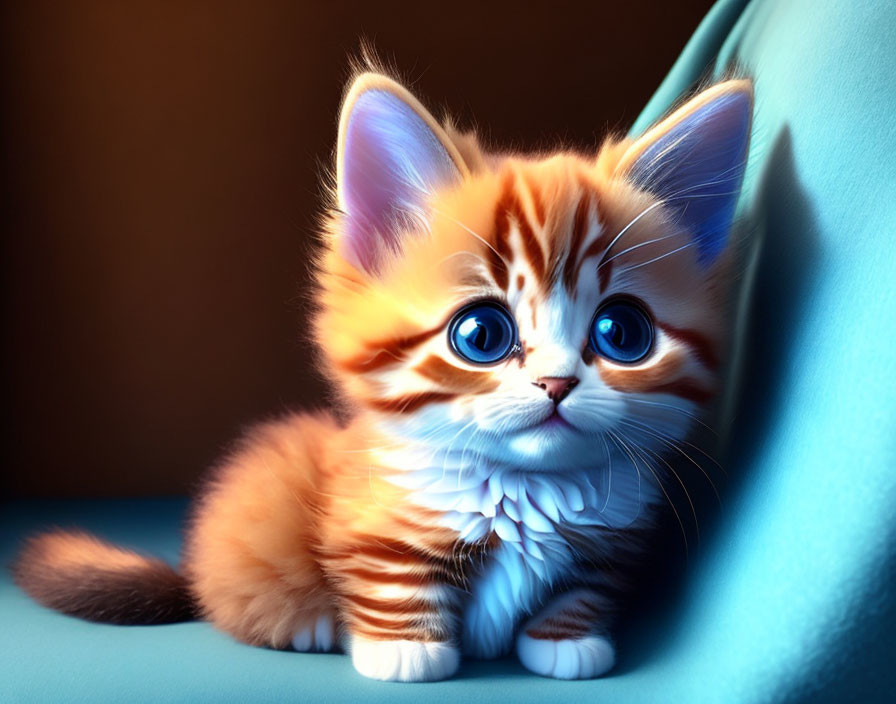 Orange and White Kitten with Blue Eyes Beside Blue Cushion