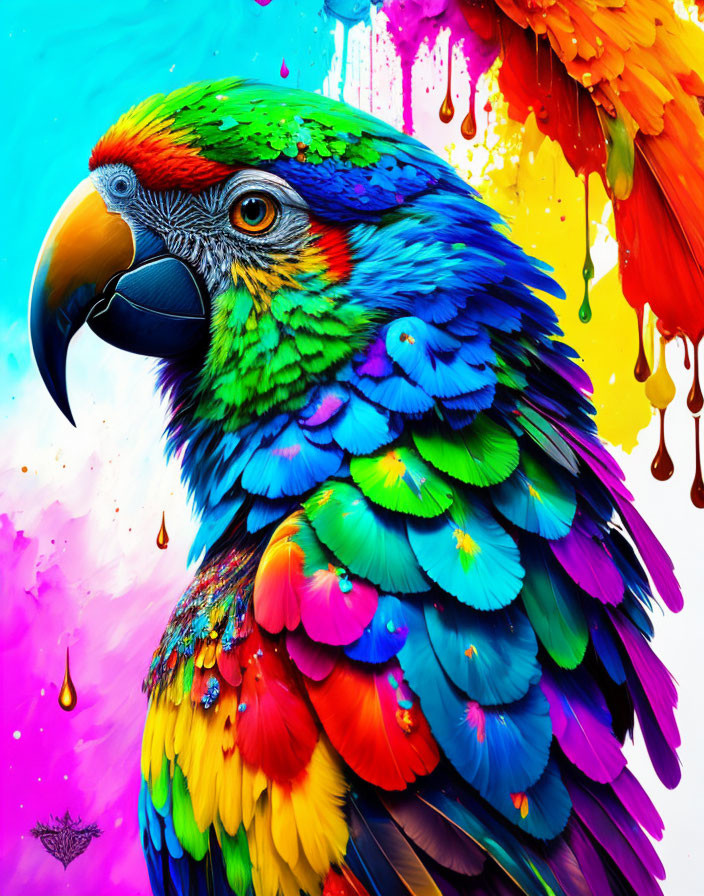 Vibrant Parrot Artwork with Dripping Rainbow Paint Effect