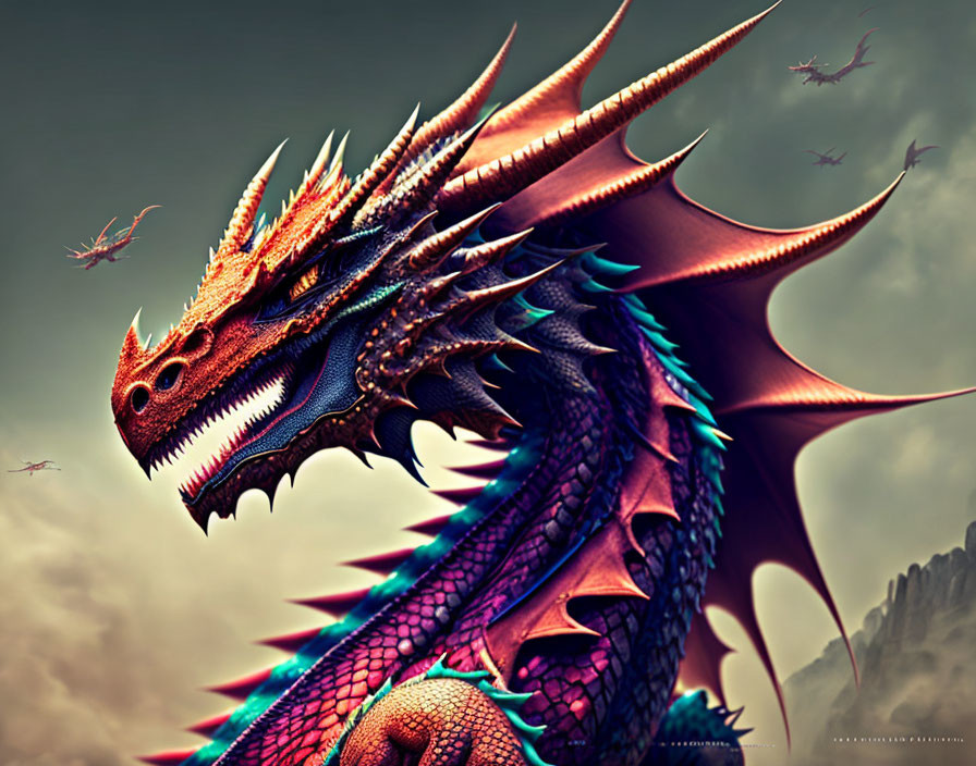 Detailed dragon illustration with colorful scales, horns, and spines in a moody sky.