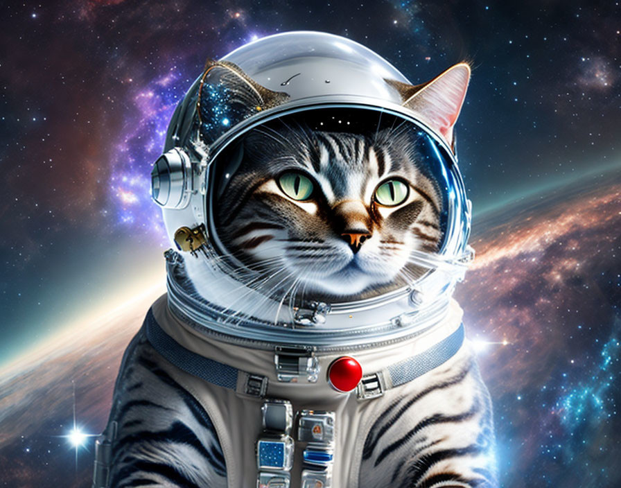 Cat in astronaut suit against cosmic background: whimsical space explorer theme