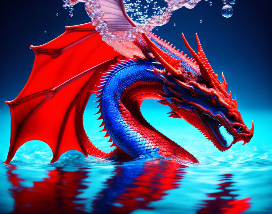 Colorful digital artwork: Red and blue dragon emerging from water with splashes, against deep blue backdrop