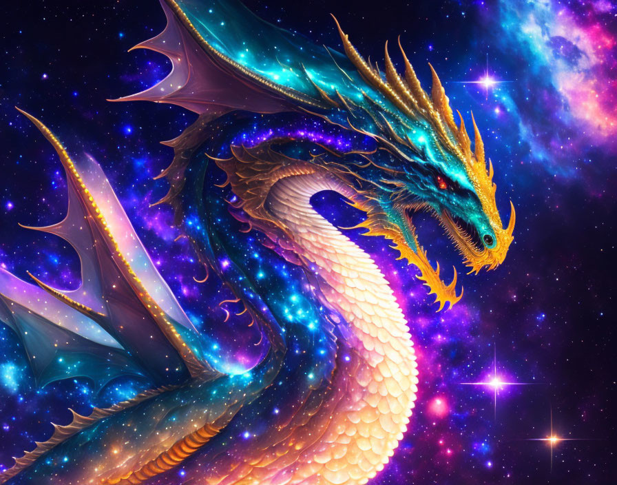 Vibrant cosmic dragon in starry galaxy