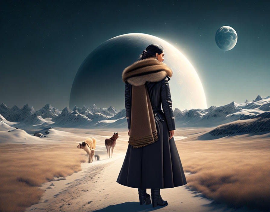 Person in fur collar coat with dogs under planet and moon in snowy landscape