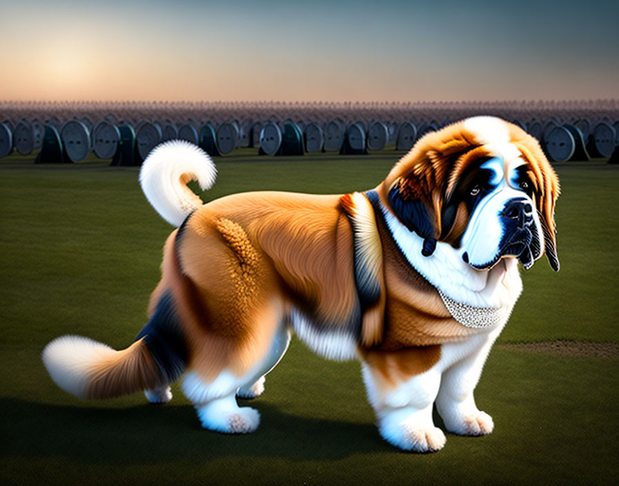 Large Brown and White St. Bernard-Like Dog in Field with Porta-Potties and Sunset