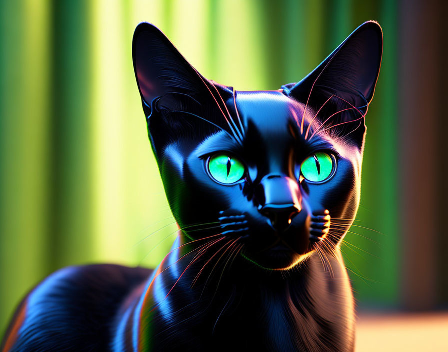 Vivid digital art: Black cat with neon blue and orange highlights