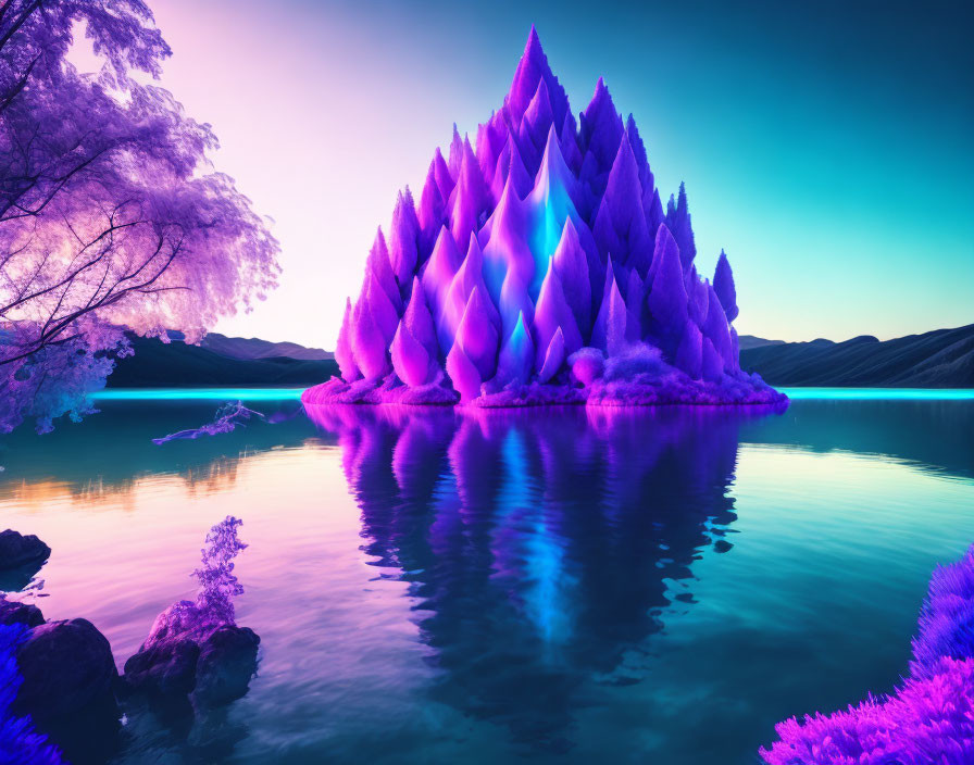 Surreal landscape with vibrant purple crystal mountains, pink foliage, and twilight sky.