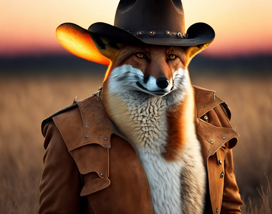 Fox with human-like features in cowboy attire at sunset grassland