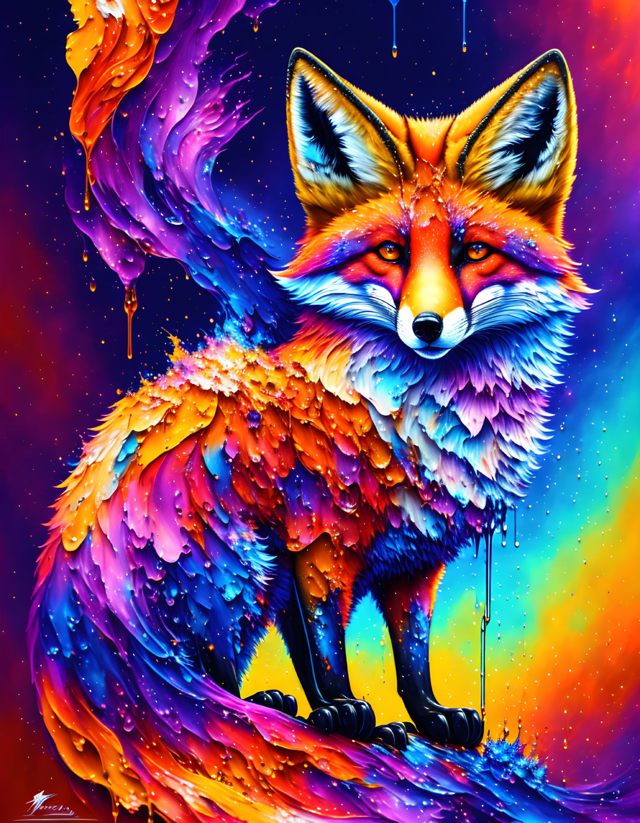 Colorful Fox Painting with Melting Effect on Rainbow Background