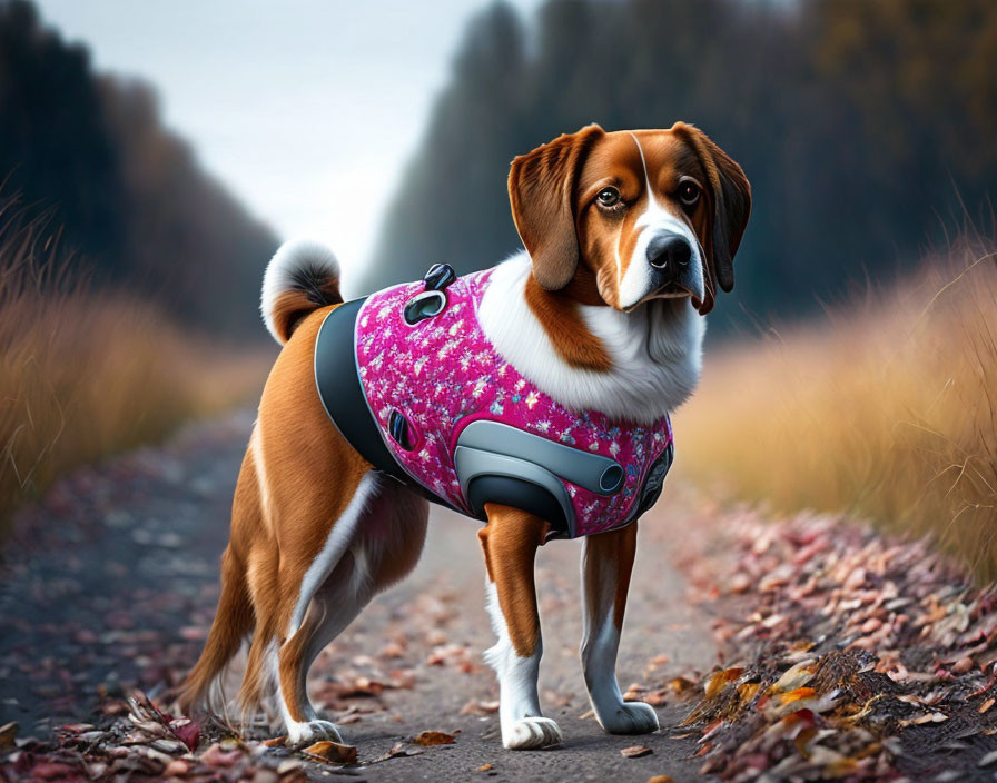 Brown and White Dog in Pink Harness on Autumn Pathway