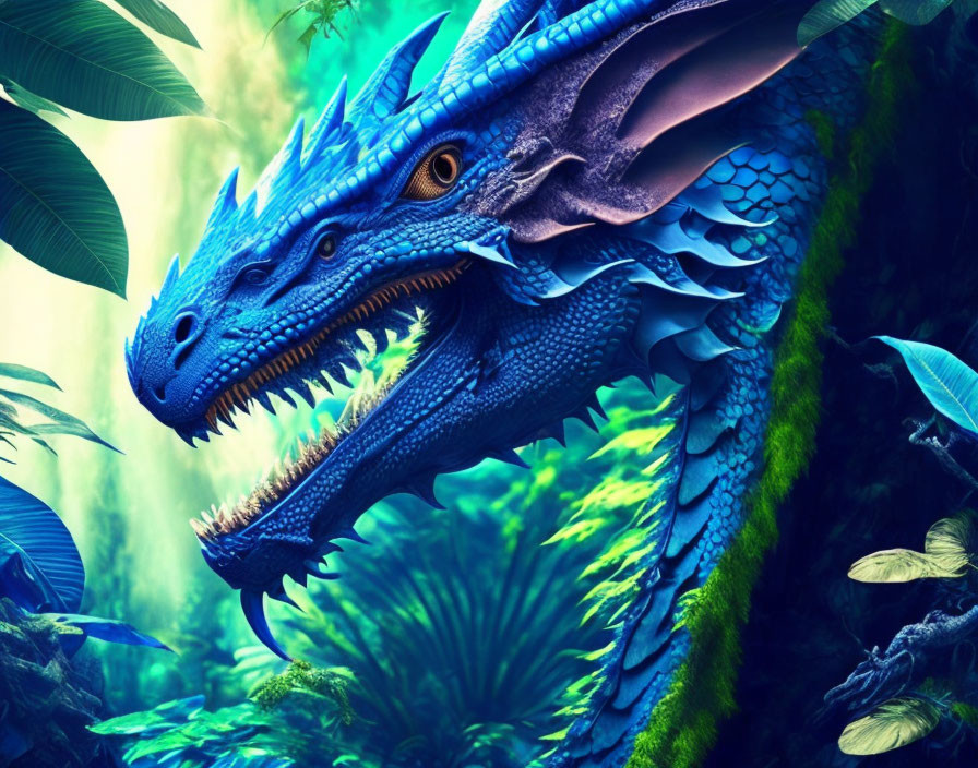 Detailed digital artwork: Blue dragon in lush fantasy jungle