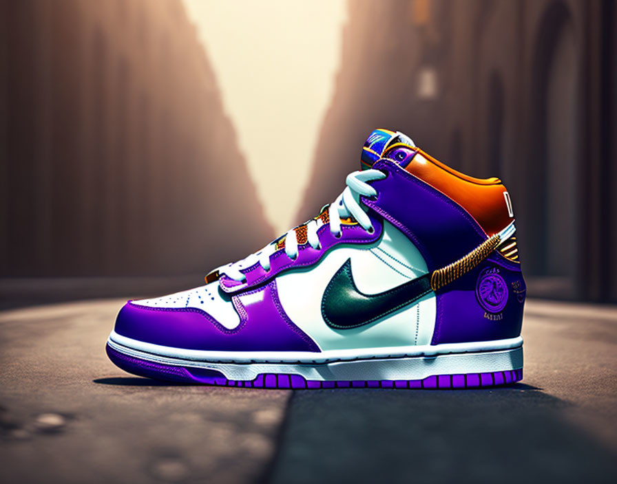 Colorful Basketball Sneaker with Purple, Orange, Yellow Highlights on Urban Street