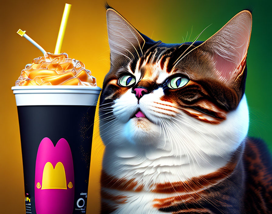 Detailed Cat Illustration with Green-Eyed Cat and McDonald's Cup