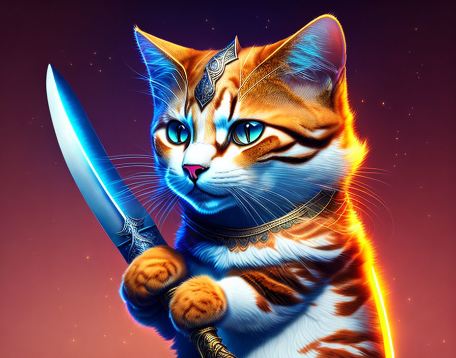 Orange Tabby Cat Warrior with Blue Eyes and Sword on Red Purple Background