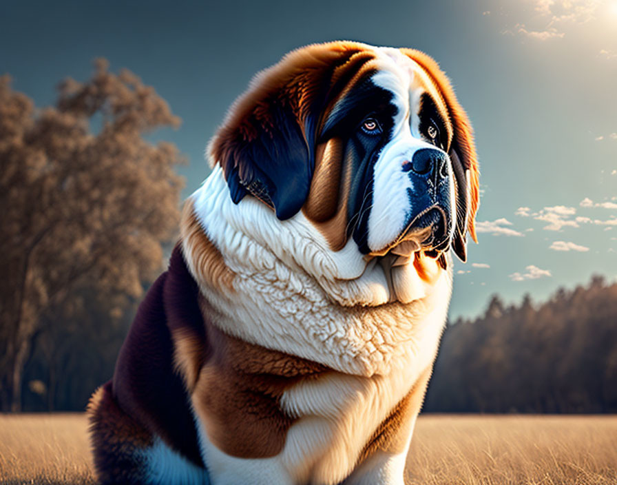 Majestic Saint Bernard Dog in Field at Dusk