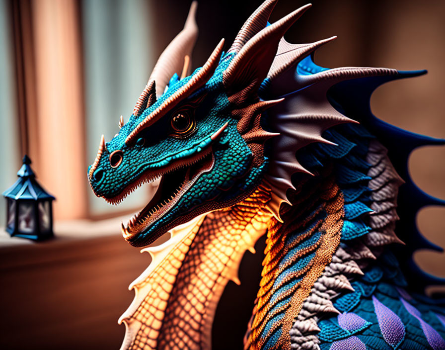 Detailed model of blue and orange dragon by window